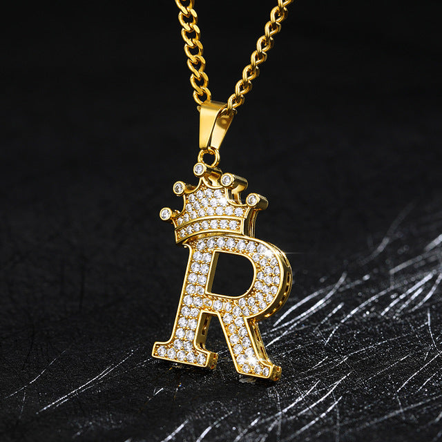 A-Z Crown Alphabet Pendant Necklace cjdropshipping