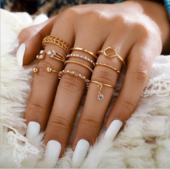 8pcs/sets Bohemian Geometric Rings Sets Clear Crystal Stone Gold Chain Opening Rings eprolo