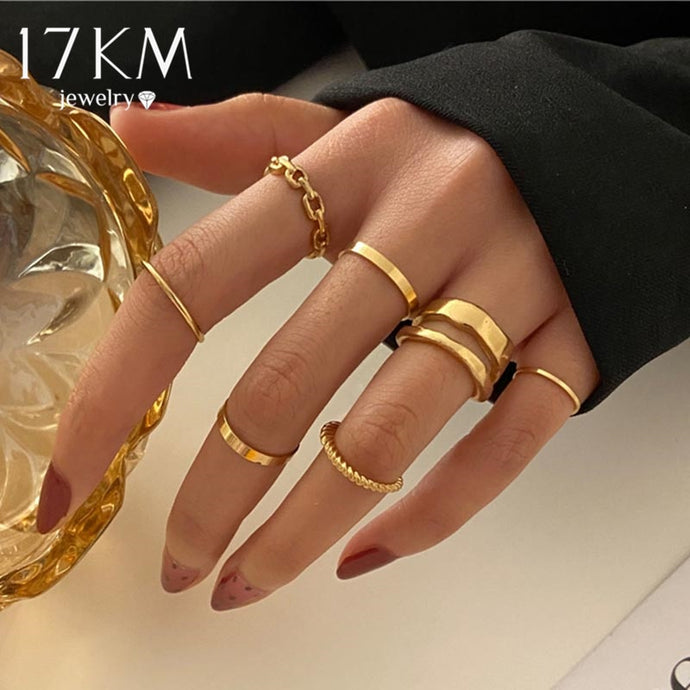 17KM Punk Gold Wide Chain Rings Set For Women Girls Fashion Irregular Finger Thin Rings Gift Female Jewelry Party DSers