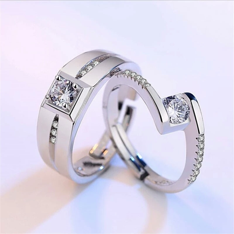 2Pcs/Pair Copper Silver Plated Classic Couple Resizeable Engagement Ring Men Women Crystal Adjustable Valentine Gift Wholesale