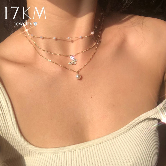 17KM Trendy Multilayered Butterfly Pearl Necklace For Women Fashion Sun Star Gold Pearl Choker Necklaces 2021 Trend Jewelry Gift DSers