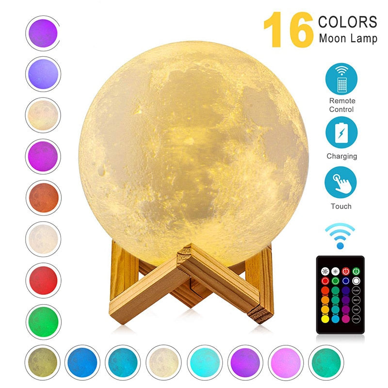 16 Color Changing Rechargeable   LED Night Light with 3D Moon Print OMG Shop Zone