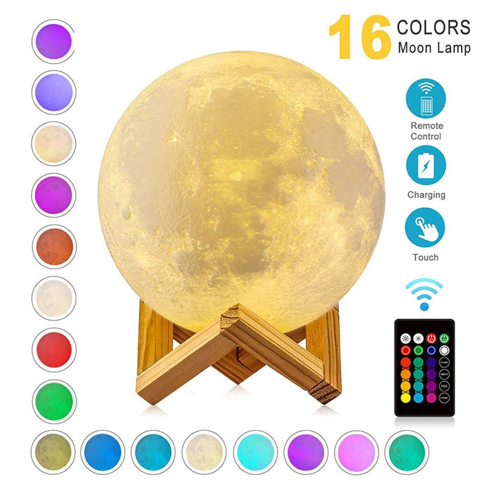 16 Color Changing Rechargeable   LED Night Light with 3D Moon Print OMG Shop Zone